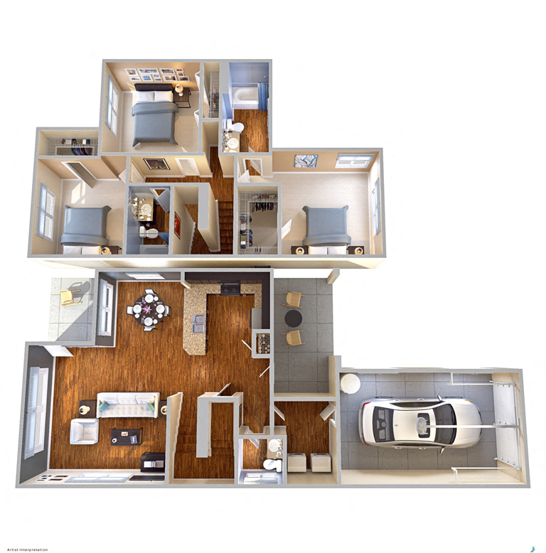 Floor plan for 3 beds, 2.5 baths, 1410 sqft